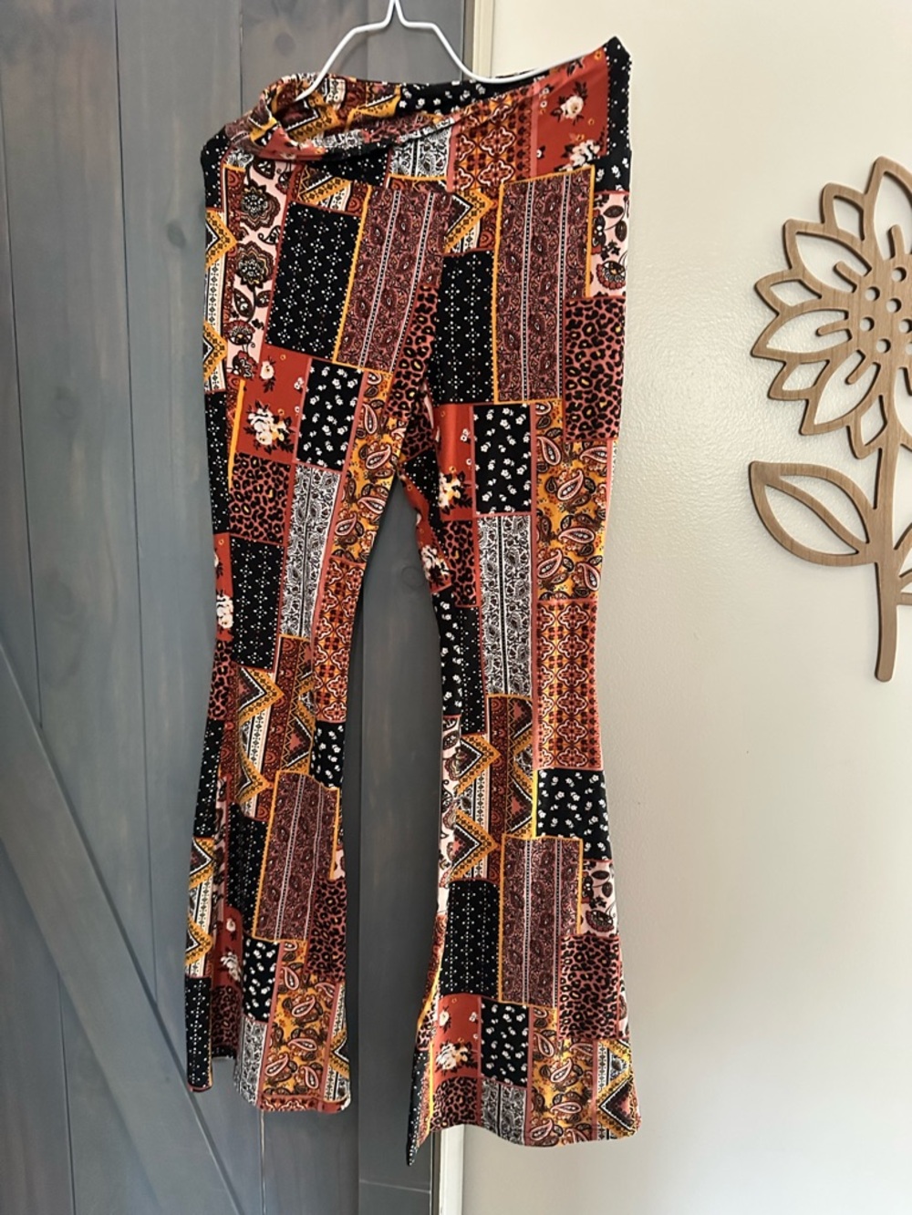 No Boundaries Women's Wide Leg Patchwork Print Pants - Rust, Black, Yellow